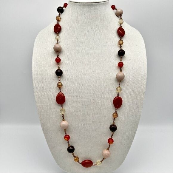Natural Stone Acrylic Seed Bead Multicolor 36.5" Long Boho Fashion Necklace - Picture 1 of 11